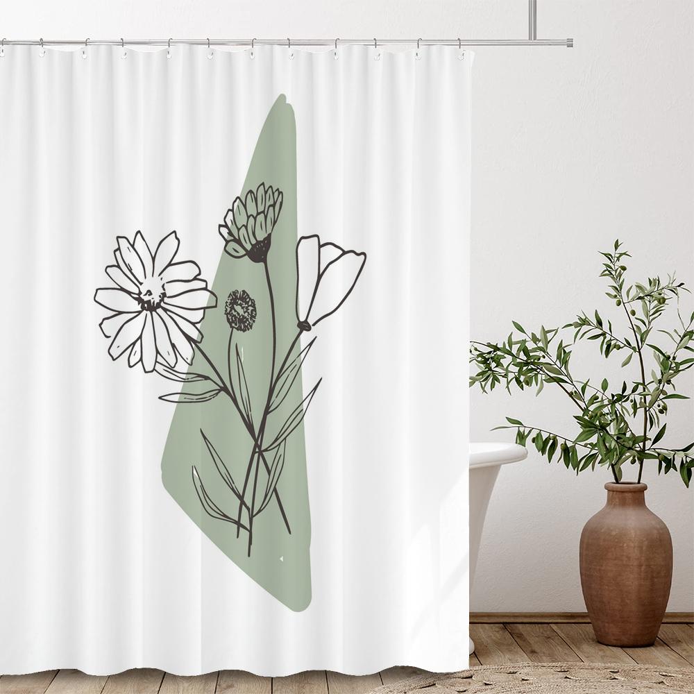 Nordic Abstract Minimalist Flowers Shower Curtain Decor Bathroom Curtain Floral Fabric Hanging Curtain Bathroom Decor With Hooks