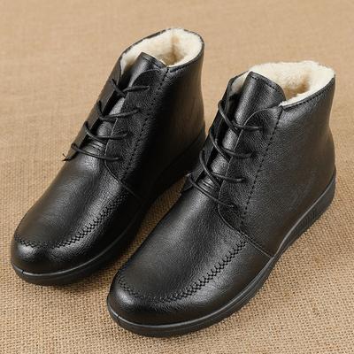 Shoes Winter Cotton Shoes Velvet Warm Middle-aged Women's Shoes Flat-bottomed Non-slip Elderly Leather Shoes Middle-aged Lace-up Short Boots