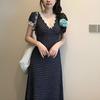 Mori style splicing polka dot lace V-neck long dress summer dress women's small temperament slim waist A-shaped skirt