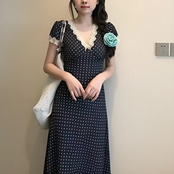 Mori style splicing polka dot lace V-neck long dress summer dress women's small temperament slim waist A-shaped skirt
