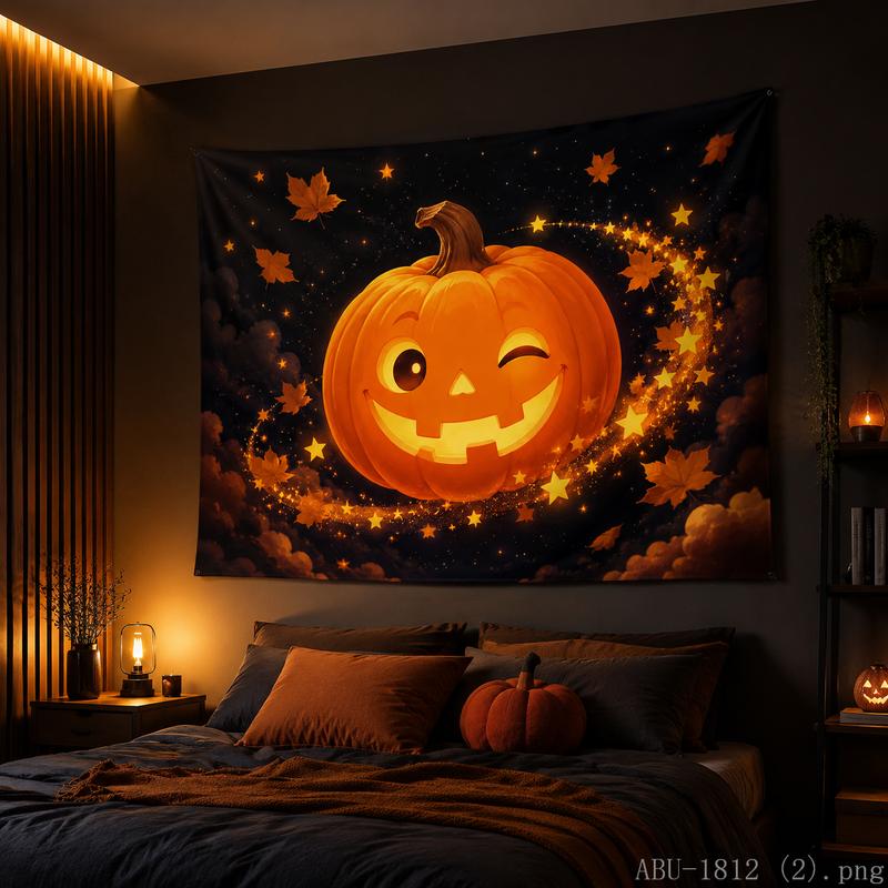 Spooky Halloween Pumpkin Tapestry Dark Stormy Night Wall Art for Party Home Background Decor