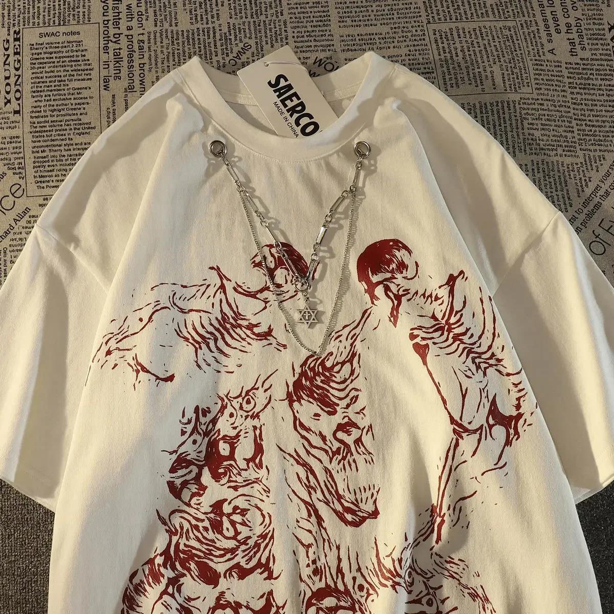 

American style street dark skull style cotton short sleeved tshirt for men and women ins summer loose couple wear round neck top S