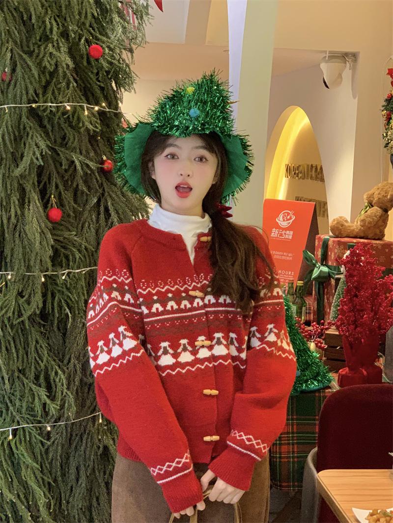 

Японский ретро-кардиган с пуговицами из коровьего рога, женский короткий свитер с рождественскими элементами, удобные осенне-зимние пуловеры one size fits all красный