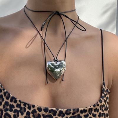Adjustable Bow Choker Jewelry Simple Big Peach Heart Shape Pendant Necklace