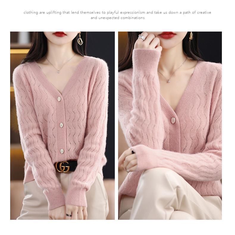 100% Pure Wool V-Neck Jacquard Cashmere Cardigan for Women - Early Spring Collection