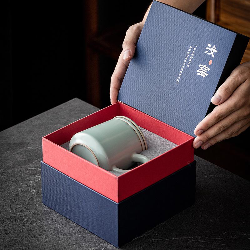 Chinese Style Ru Kiln Office Cup Ceramic Tea Water Separation Office Cup Large Capacity Mug with Lid Household Drinkware Cup