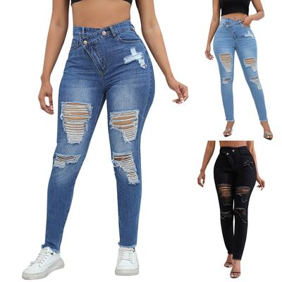 Calça jeans feminina rasgada, cintura alta, slim fit, lavada