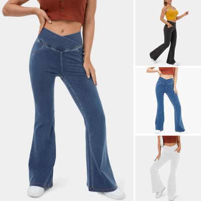 Women High Waist Denim Pants Slightly Slim Fit Flared Jeans Pockets Cross