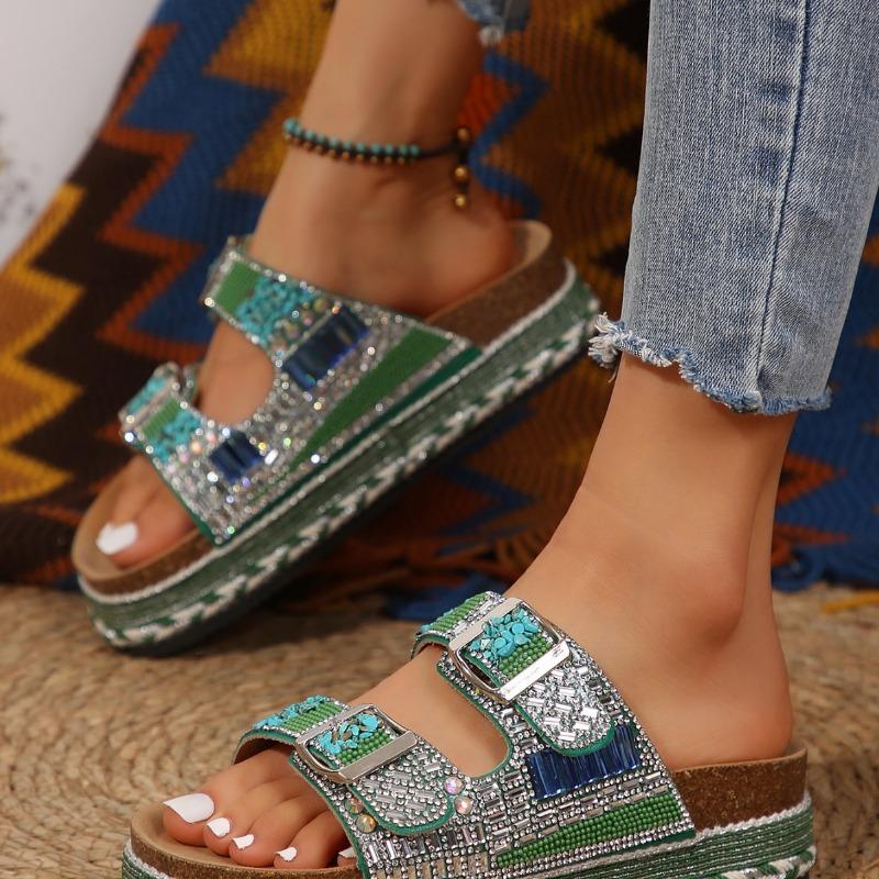 Fashion retro thick bottom double buckle rhinestone cork slippers women's casual slippers omns lippers