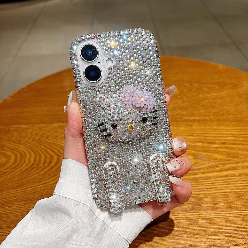 Cute KT Cat with iPhone17 Mobile Phone Case Apple 16promax Rhinestone 15 Portable 14 Protective Case 13 Cartoon