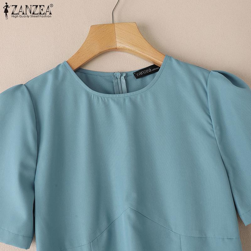 ZANZEA Damen Sommer Freizeit Rundhals Einfarbig Kurzarm Kleid