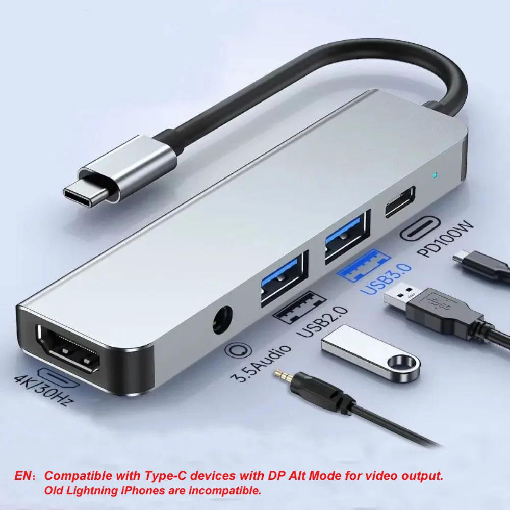 4K@30Hz 100W PD Plug&Play 5-in-1 USB C Hub Type C to HDMI-Compatible USB3.0/2.0 & 3.5mm Audio Jack for Laptop Smartphone Tablet