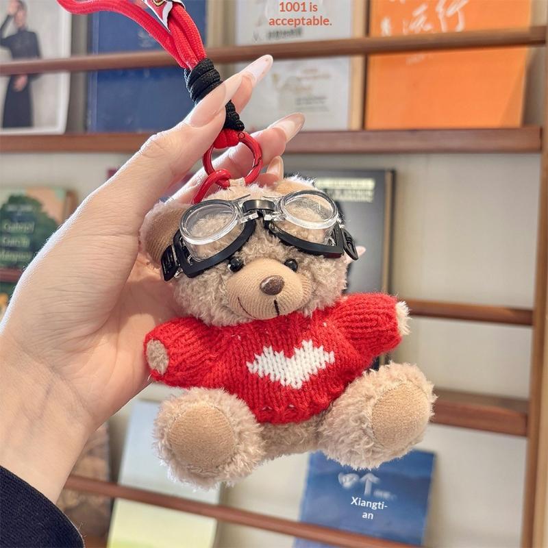 Cute Pilot Bear Plush Keychain - Soft Stuffed Animal Bag Charm with Goggles