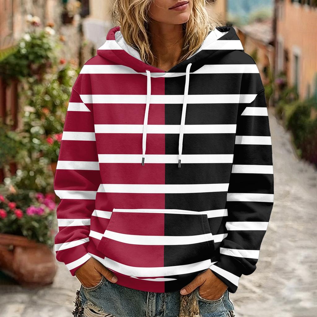 Women's Striped Print Casual Long Sleeve Hoodie with Pocket and