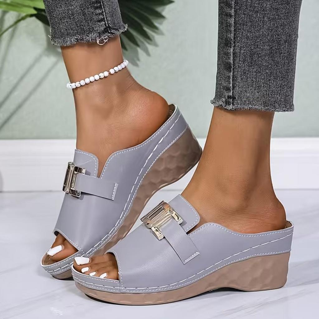 Women'S Sandals Wedge Heel Slippers Plus Size Casual And Fashion With Metal Open Toe Design Simple Sandal For Woman High Arch