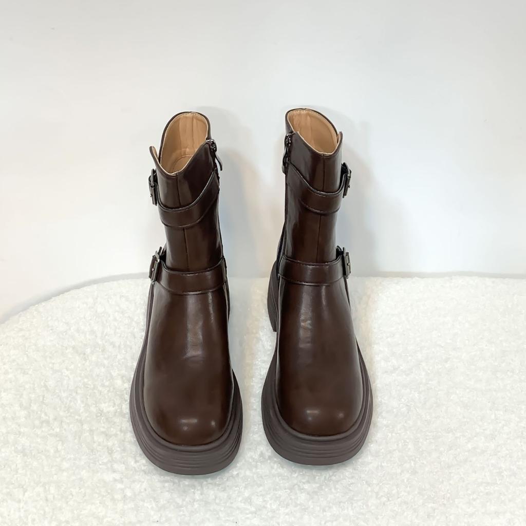 Retro British style platform Martin boots women's 2025 winter new belt buckle knight boots medium tube versatile thin boots