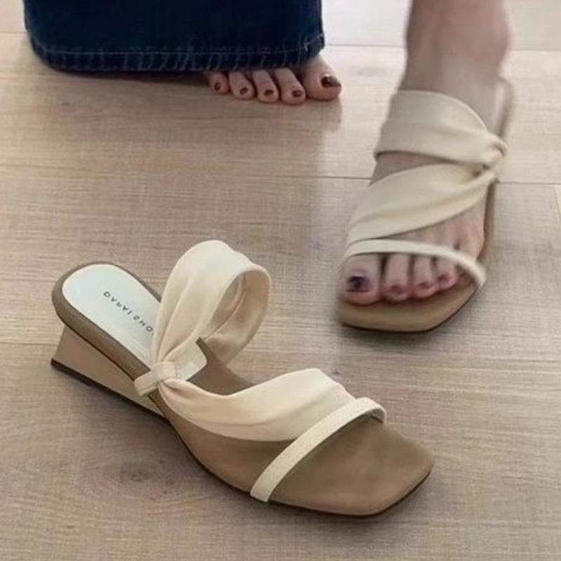 Fashion Sexy Women's Heeled Sandals Fad Mid Heels Shoes 2025 Trend Summer New Square Toe Shallow Slides Designer Wedges Chaussures Femme