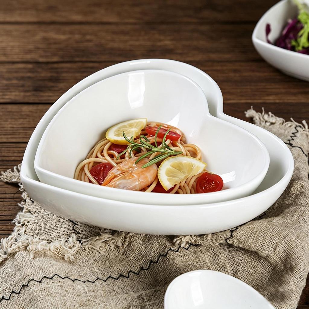 Pure White Heart-Shaped Ceramic Bowl and Plate Set - Ideal for Fruit, Salad, Sauce, Baking, and Soup.