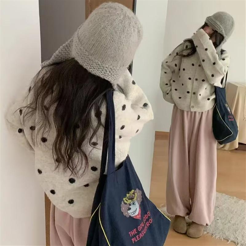 Korejský kardigan s kulatým výstřihem a puntíky, dámský podzimní zimní volný ležérní styl, všestranný svetr