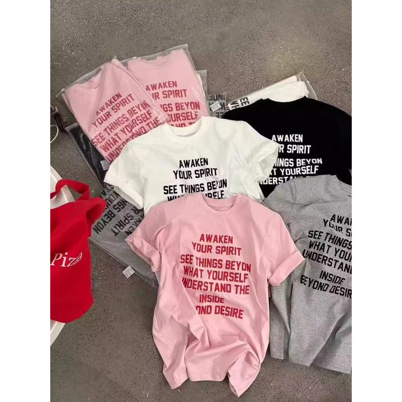 Women's Loose-Fit Summer Cotton T-Shirt, Letter Print, Custom Logo, Perfect for Class Uniforms.