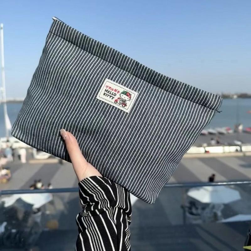 Striped Denim Cloth Makeup Bag Women's Ins Large Capacity Storage Bag Portable Travel Storage Toiletry Bag Cute Cartoon Multi Functional Cosmetic Bag