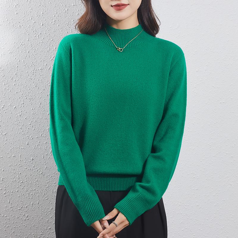 Women's Light Luxury Wool Pullover – Half-High Collar, Thick Knit, Loose Fit, 100% Wool, Perfect for Autumn/Winter.