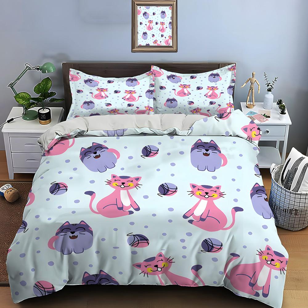 Multiple Sizes Cartoon Cats and Yarn Print Bedding Set 1 Duvet Cover 2 Pillowcases for Adult and Children Luxury Gift Full Size