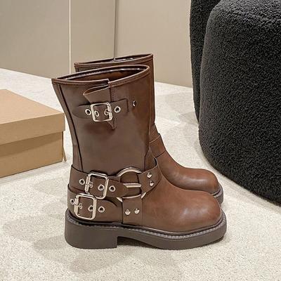 Damskie Botki do połowy łydki Wysoka Jakość Codzienne Skórzane Buty Retro Brązowe Czarne Westernowe Cowboy Boots Brytyjski Styl Rycerskie Botas