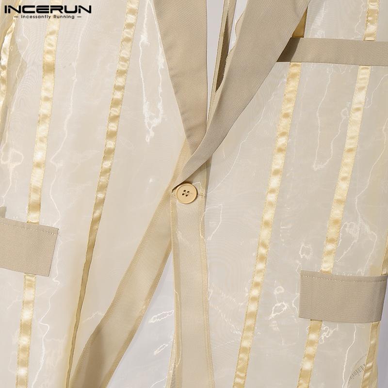 INCERUN Men Summer Deep V Striped Stitching See Through Mesh Sheer One Button Shirts