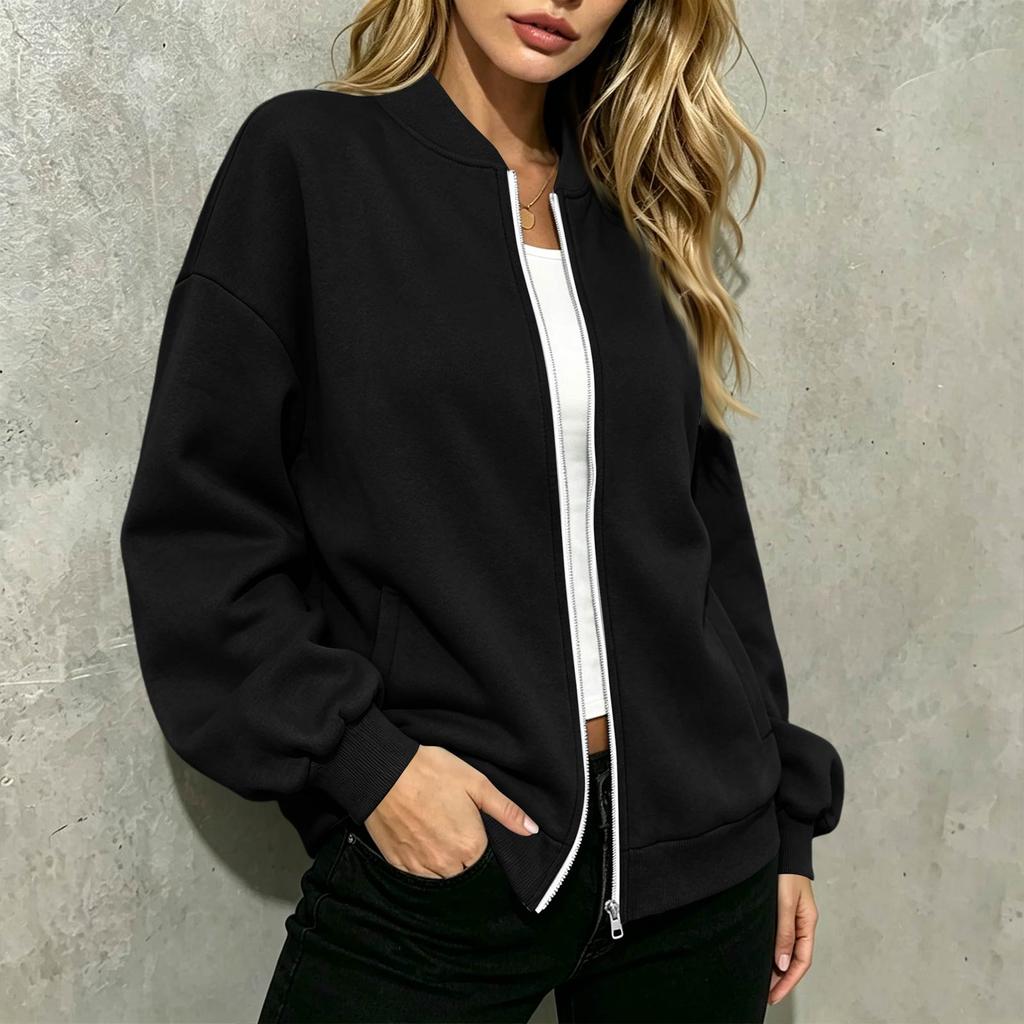 Women's Long Sleeve V-Neck Zip-Up Jacket, Casual Color Loose Fit Outerwear