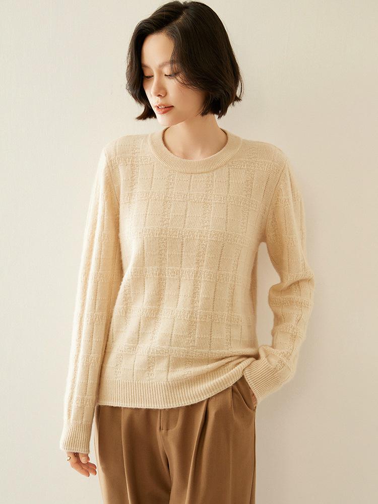 Women's Textured Cashmere Crew Neck Long-Sleeve Pullover Top for Autumn/Winter