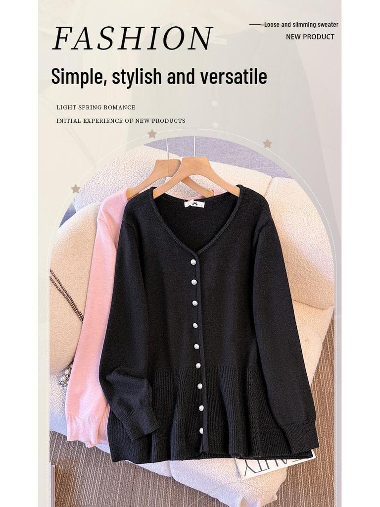 Plus Size Women's V-Neck Cardigan Sweater, Korean Style, Autumn/Winter, Slimming Knit Long Sleeve Top, Fits 130-300 Jin