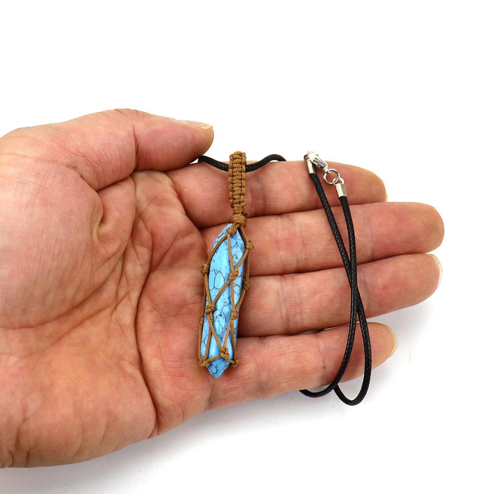 Hand-Woven Double-Pointed Hexagonal Prism Crystal Rough Stone Natural Stone Brown Mesh Pocket Necklace N712