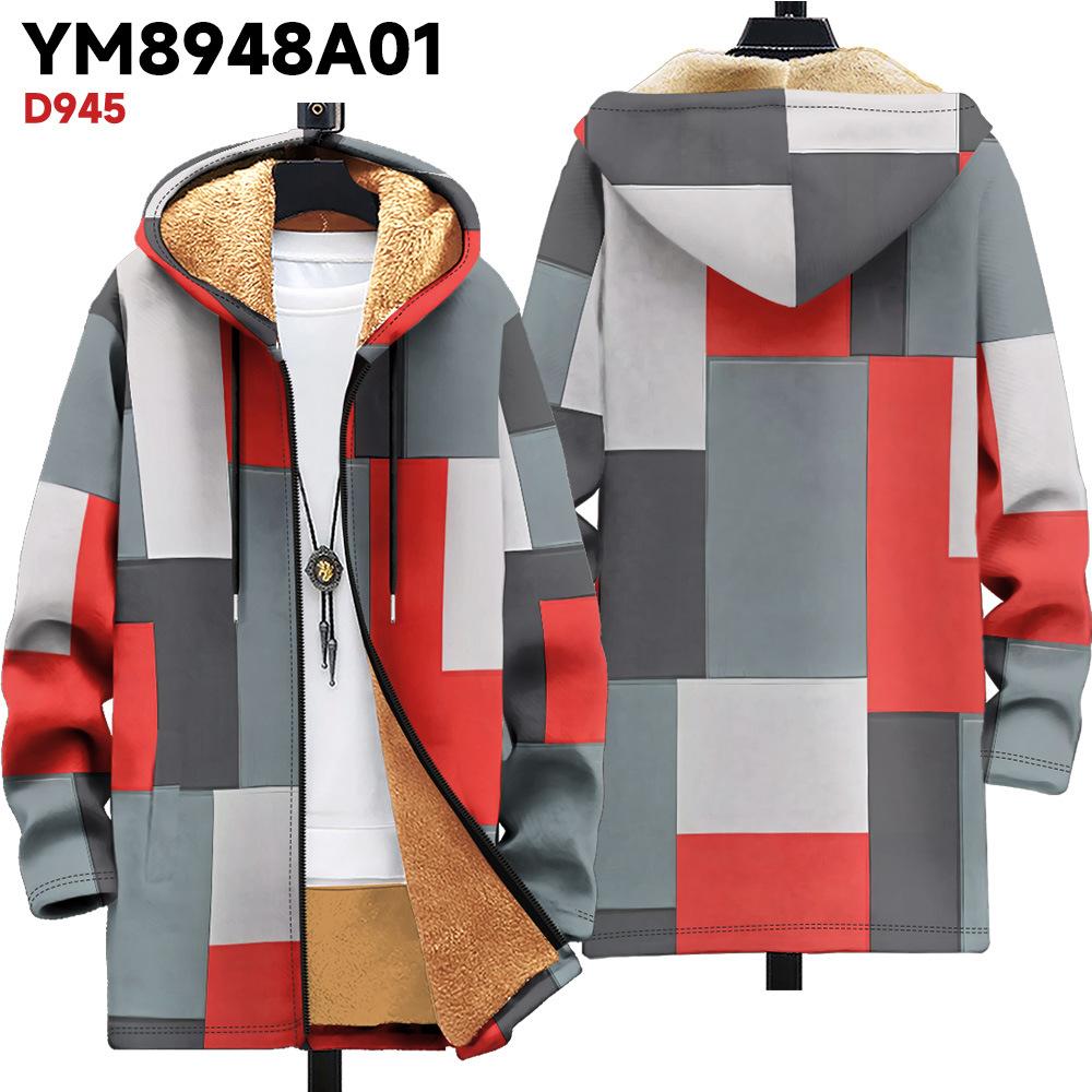 New Jacket: Multi-colored Pattern Elements, Zipper Hooded Cardigan, Thickened Winter Fleece Padded Clothes, Yellow Lining, Trendy Cotton Clothes