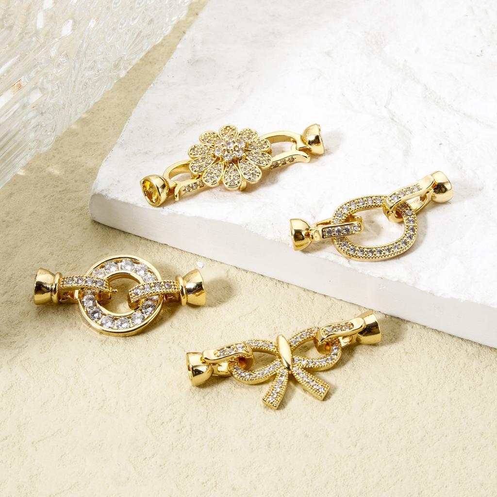 1pc Brass Fold Over Clasps Bowknot Flower 18K Gold Plated Clear Cubic Zirconia Women Fashion Jewelry Findings