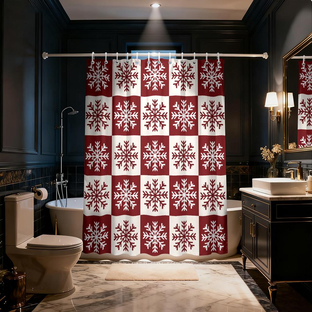 1pc Christmas Red Snowflake Print Waterproof Shower Partition Privacy Hanging Curtain 12 Hooks Multi Size Decoration