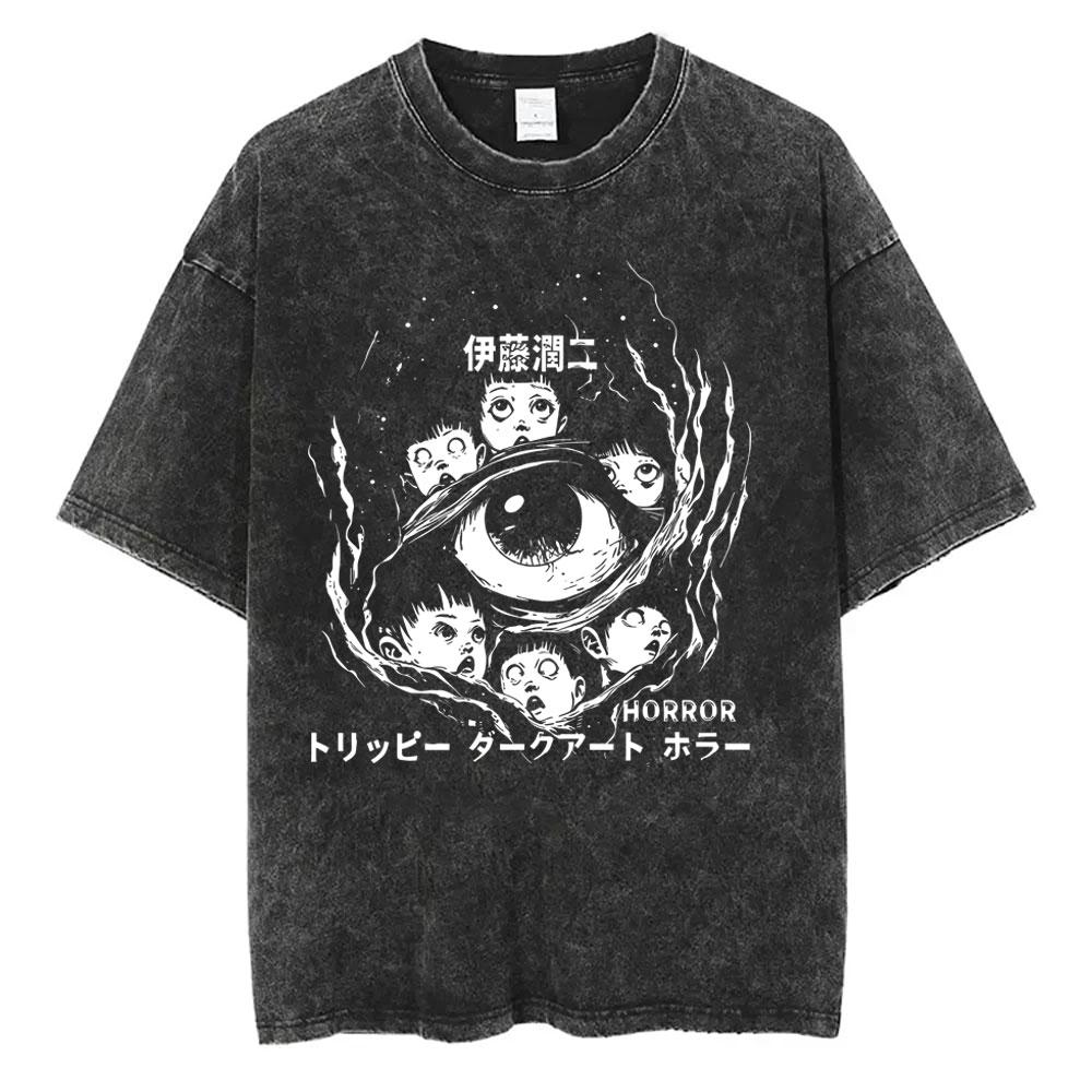 Unisex Washed Vintage Horror Anime Junji Ito Uzumaki Graphic T-shirt Men Women Manga Retro Oversized T Shirt Y2k Casual Cotton T-shirts