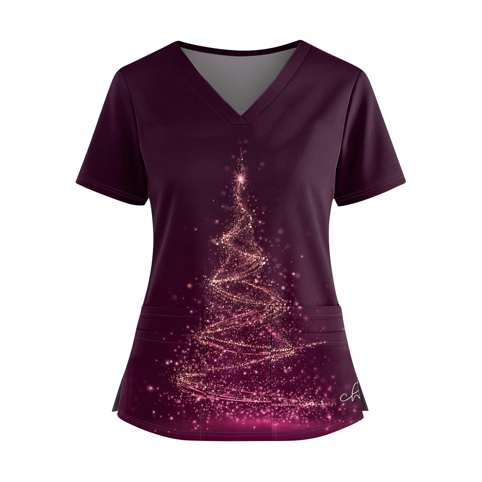 

Женский рождественский топ с принтом, V-образным вырезом, двумя карманами, короткими рукавами, разрезом по подолу, униформа для сиделки XXXL фиолетовый