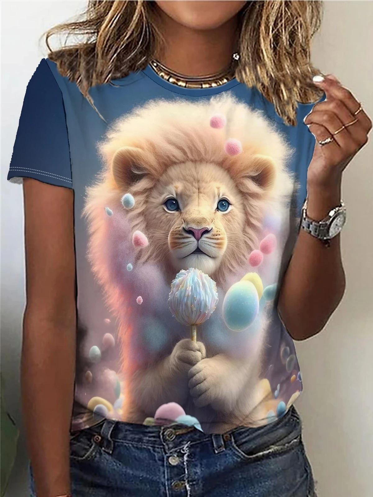 

Футболки с 3D-принтом «Летние животные», «Лев, тигр, волк», женская уличная мода 2000 года, футболка с коротким рукавом, футболки с круглым вырезом, топы, одежда M