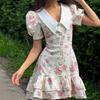 LYRIA Print Puff Sleeves Ruffled Dress Women's V-Neck High Waist Pearl Buttons Mini Dress Female Casual Vacation Fashion Dress