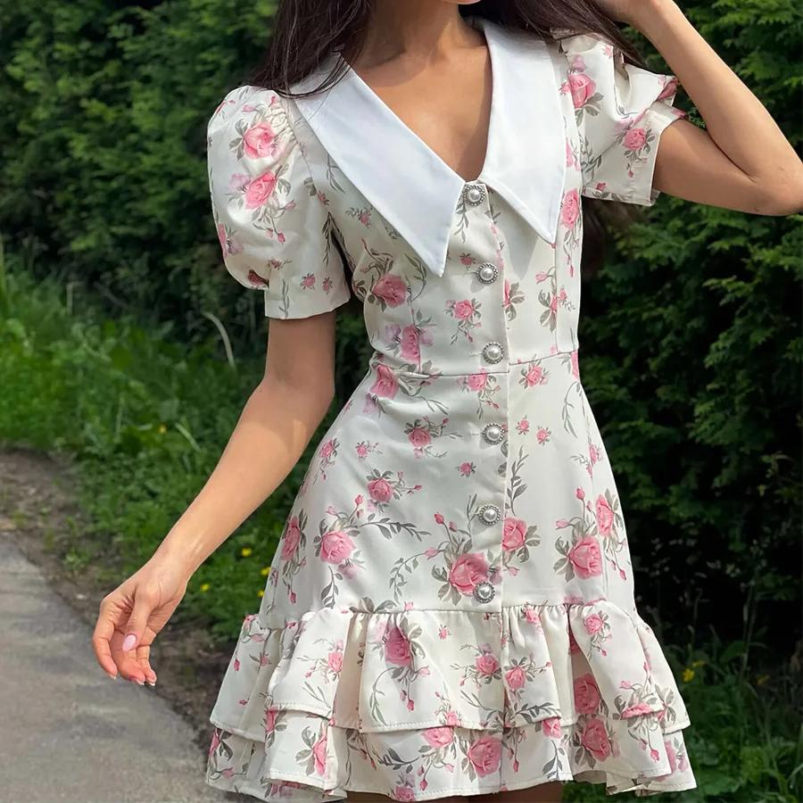 LYRIA Print Puff Sleeves Ruffled Dress Women's V-Neck High Waist Pearl Buttons Mini Dress Female Casual Vacation Fashion Dress