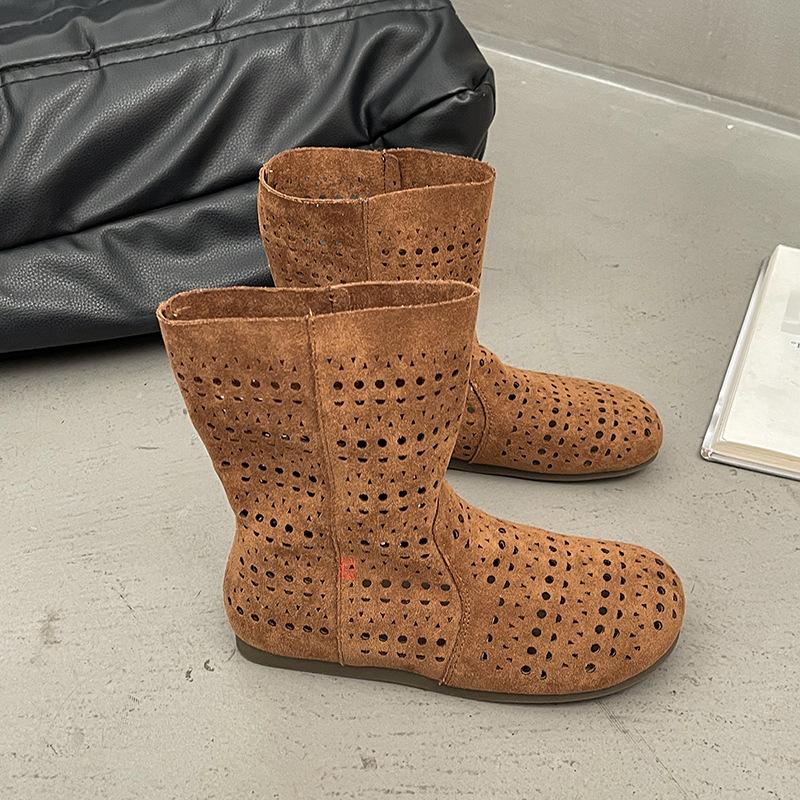 

Fashion Women s Summer Boots Breathable Hollow Slip-on Sandals Flat Bottom Medium Tube Short Boots Fashion Size35 40 Botas Para Mujer 35 коричневый