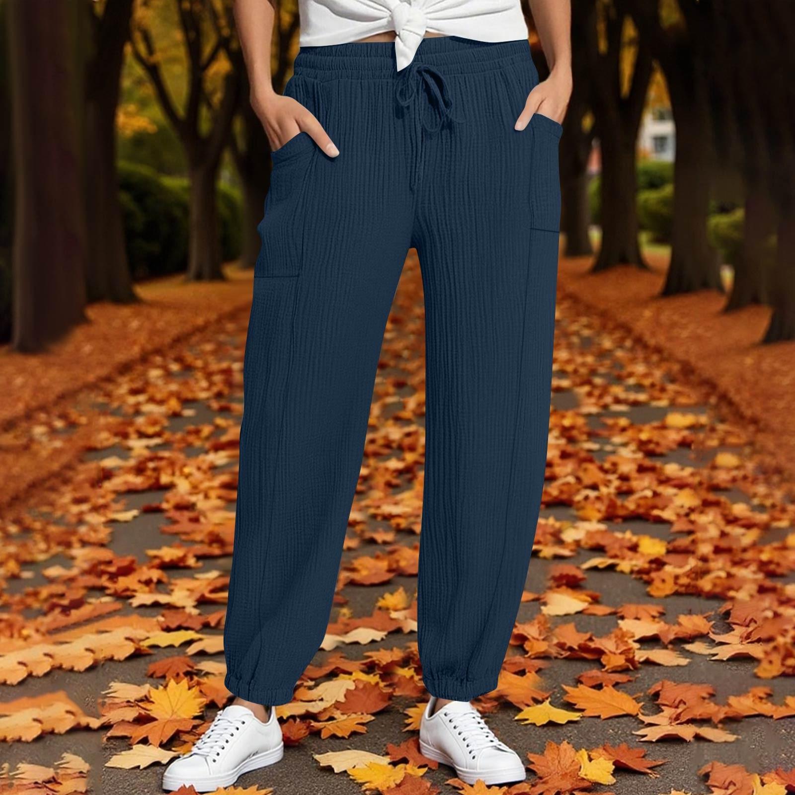 

Женские брюки Модные повседневные брюки Однотонные брюки на кулиске с высокой талией и карманами XL тёмно-синий