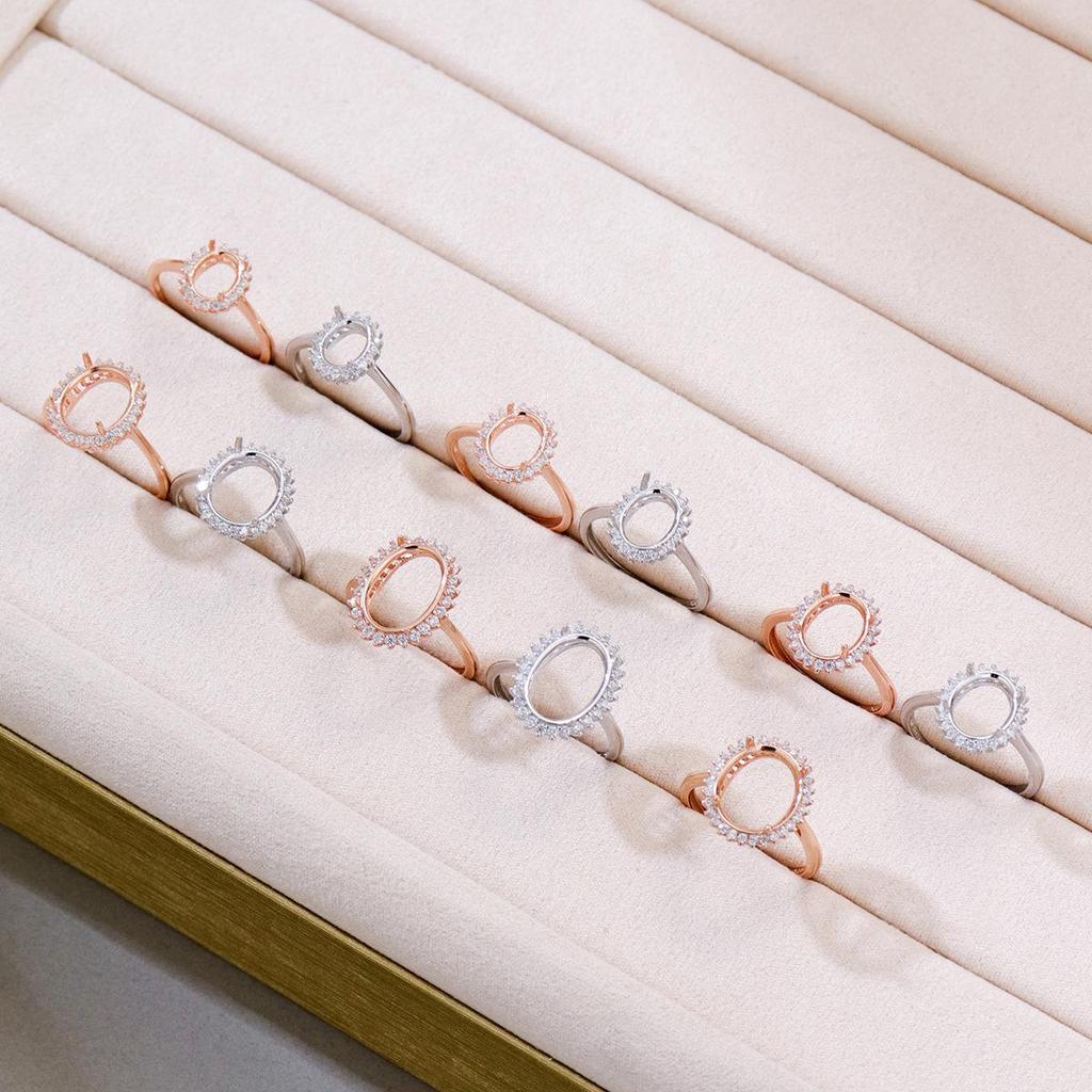 Lady Di Series Adjustable S925 Sterling Silver Rose Gold Plated Oval Ring, Egg-Shaped Empty Setting.