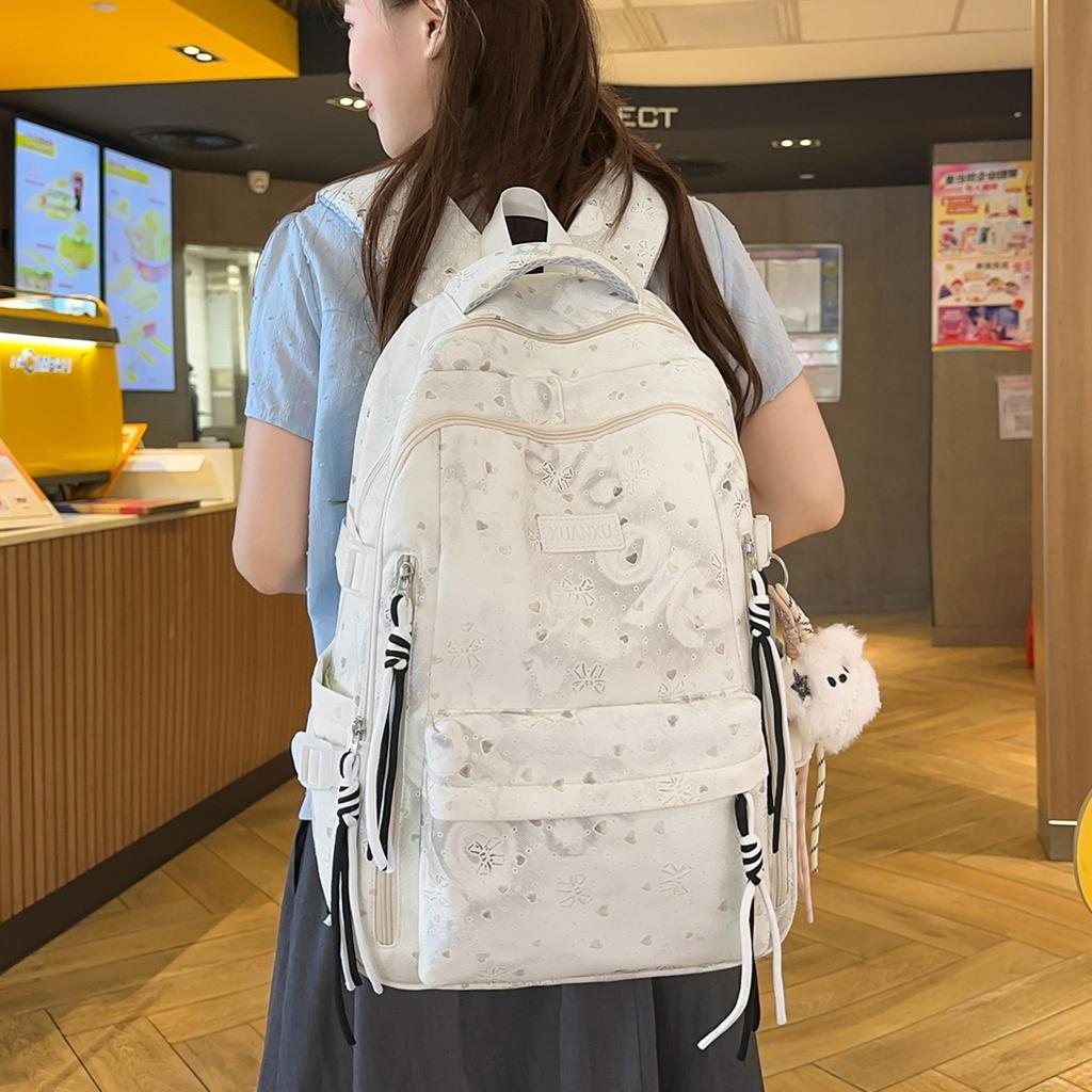Schoolbag Bow Printed Student School Bag Women's Large Capacity Lightweight Backpack Junior High School Girls Campus Style Leisure Backpack