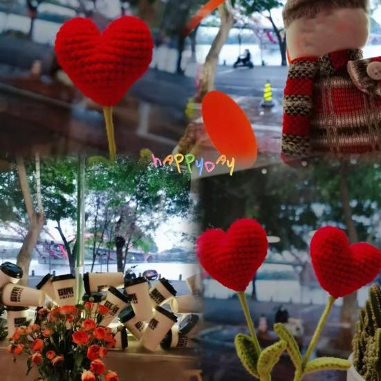 Virkat Hjärta Pinnar Handgjord Stickad Röd Hjärta Bukett med Gröna Blad Alla Hjärtans Dag Vasfyllning för Bordscenterpiece Heminredning