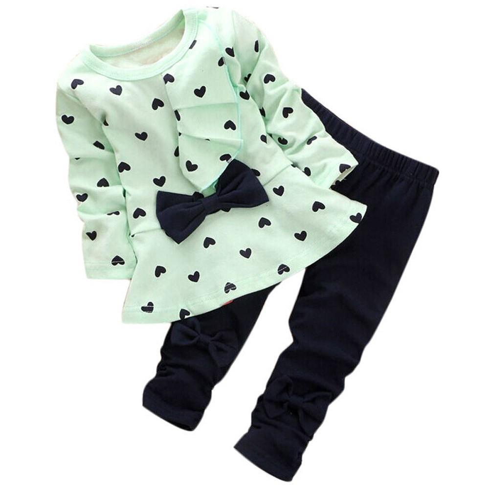Joliannss Baby Clothing Sets Heart-shaped Print Bow Cute 2PCS Kids Set T Shirt + Pants