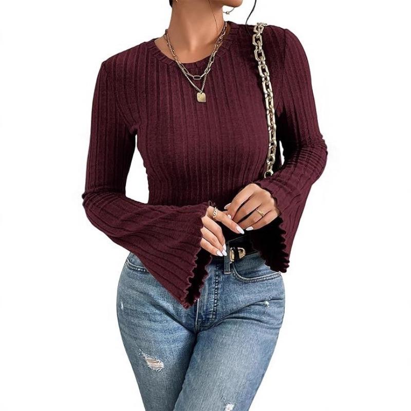 Women S Long Sleeve Round Neck Knit T Shirt Slim Fit Casual Top