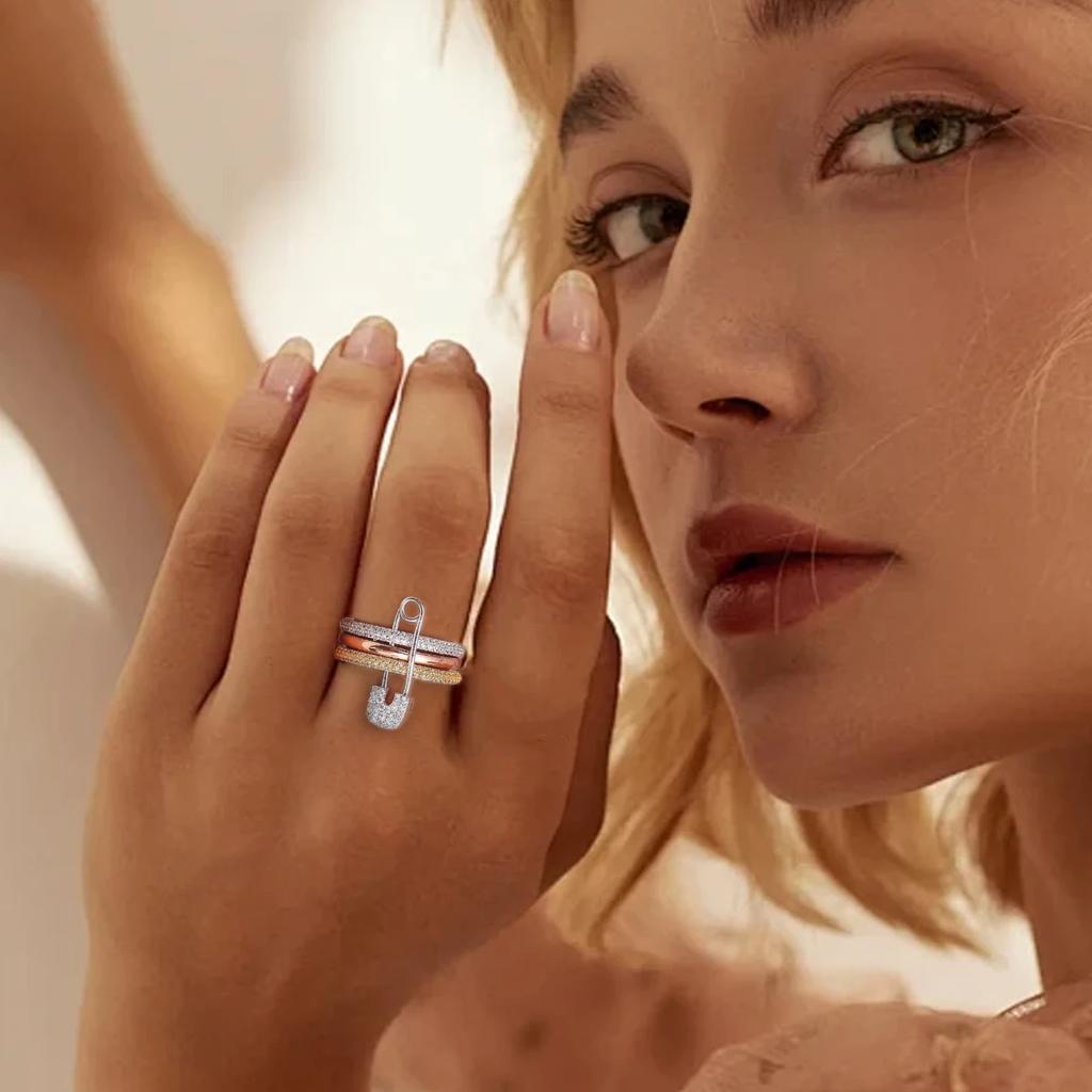 Connection Three Layers Pin Rings for Women CZ Cubic Zirconia Stackable Rings Stainless Steel New Year Gift Party Jewelry