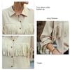 Tassel Long Sleeve Blouse Turn Down Collar Drop Shoulder Button Up Tassel Trim Blouse Shirt Apricot